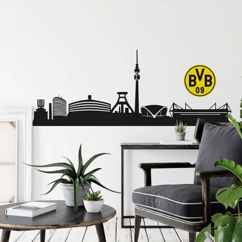 Fußball Wandtattoo Borussia Dortmund Skyline Schwarz Logo BVB Aufkleber  Wandbild selbstklebend 120x44cm | Wandtattoos