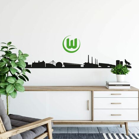 Fußball Wandtattoo VfL Wolfsburg Stadt Grün Wohnzimmer Wandbild 120x14cm Skyline Logo Schwarz selbstklebend