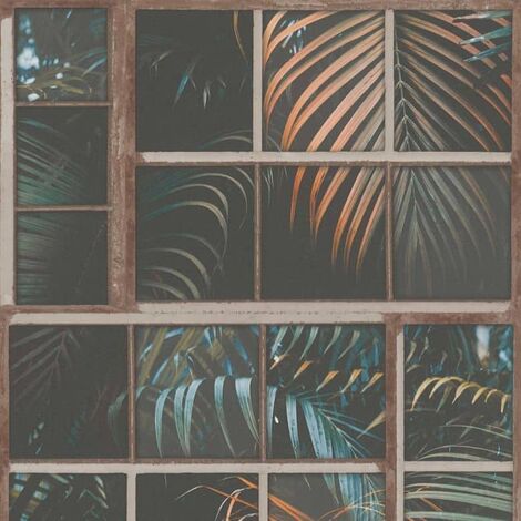Vliestapete Fenster Optik Palmentapete Dschungeltapete 10,05m 0,53m x Livingwalls Petrol Tapetenrolle Braun by