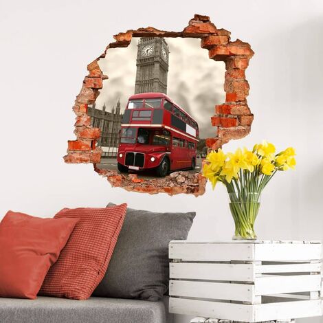 3D Wandtattoo Wohnzimmer roter Bus Städtereise London Wandsticker Vintage  Turm Mauerdurchbruch selbstklebend 40x38cm