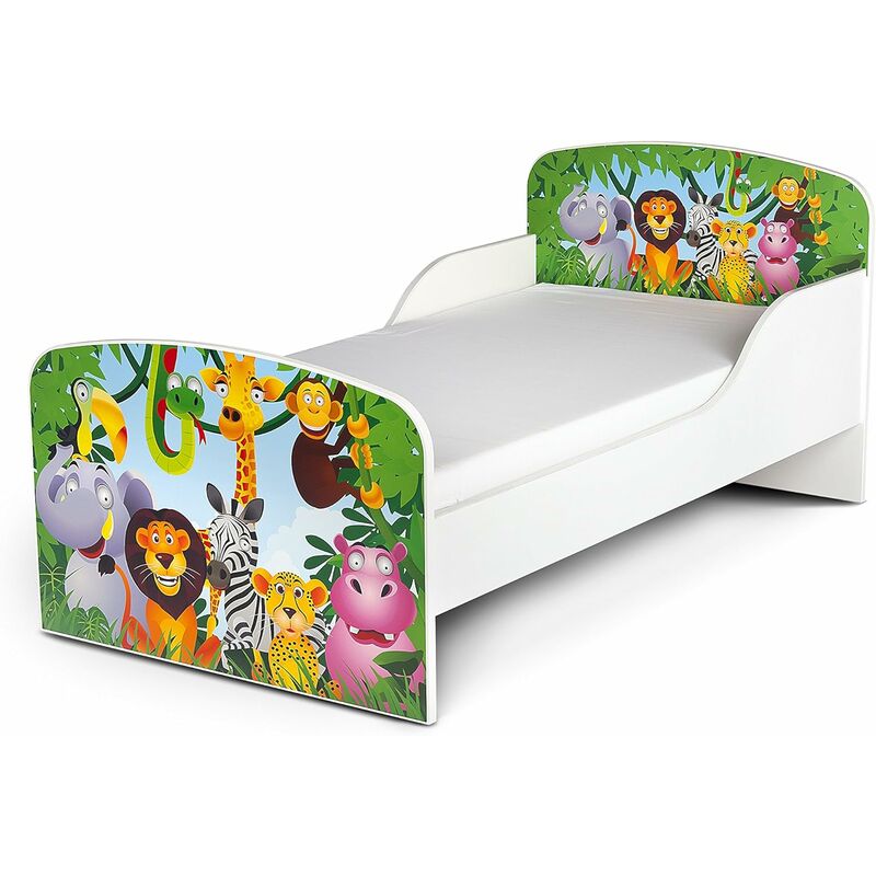Cama infantil con colchón cómodo 140/70 cm. Motivo: Animales de la selva