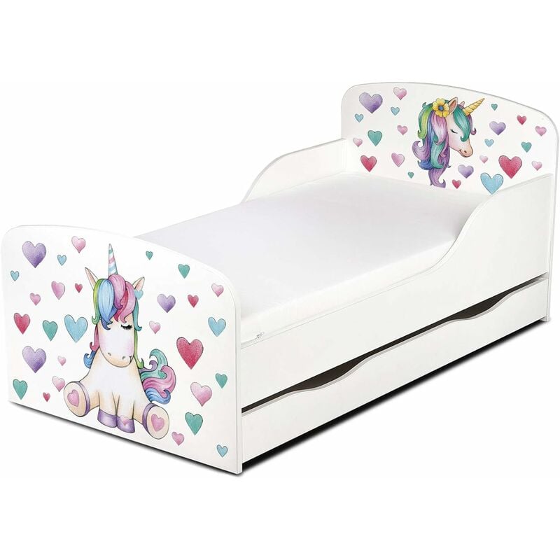 Cama infantil con colchón cómodo y cajón 140/70. Motivo: Unicornio