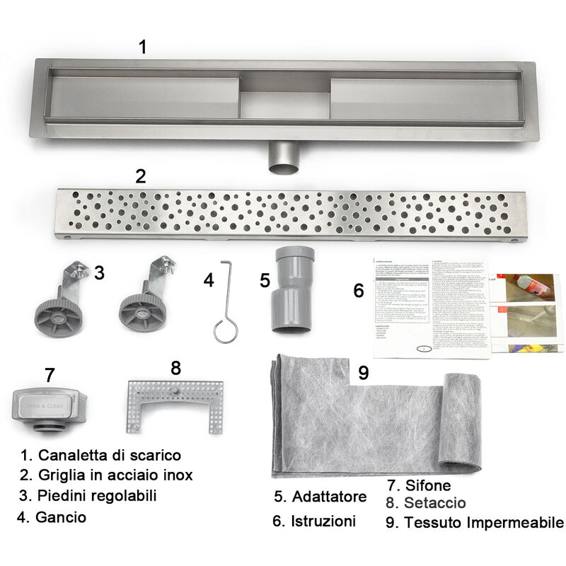 OCEAN ITALY Canaletta doccia 70cm a pavimento, canalina scarico doccia con  sifone antiodore e filtri capelli bolle griglia per box doccia