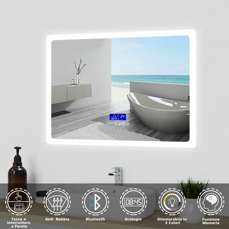 bianco caldo specchio da parete ... EMKE Specchio da bagno a LED con illuminazione tipo L, 50 x 70 cm, anti-appannamento + 3 colori luminosi 