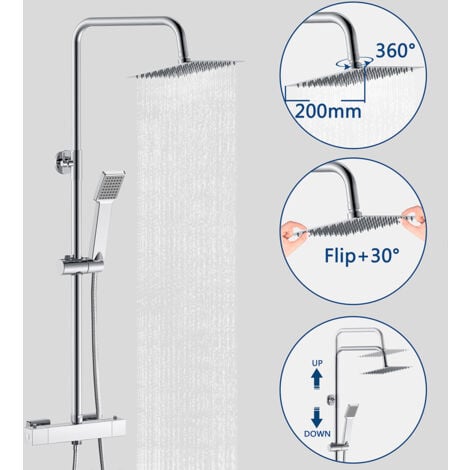 AICA Colonna Doccia con Miscelatore Termostatico, Set Doccia con Soffione  Quadrato Rotante 360, Saliscendi Doccia Regolabile 85-125cm