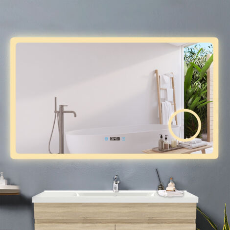 OCEAN Specchio da Bagno Antiappannamento con LED, Interruttore Tattile da Parete Dimmerabile 3 Colori, con ingrandire e Orologio(140x80 cm)