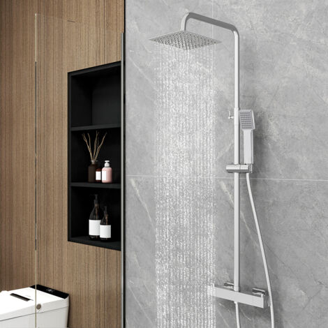 Colonna doccia con miscelatore termostatico, OCEAN Rubinetto Tondo 280x40mm con Soffione Quadrato 20x20cm, Saliscendi Doccia Tondo in Acciaio Inox Cromato