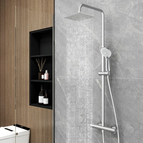 Colonna doccia con miscelatore termostatico, OCEAN Rubinetto termostatico tondo 280x40mm con Soffione Quadrato 20x20cm e Doccetta a 3 getti, Cromato