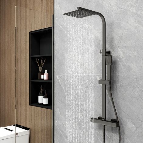 Colonna doccia con miscelatore termostatico, OCEAN Rubinetto Quadrato 280x40mm con Soffione Quadrato 20x20cm, Saliscendi Doccia Quadrato in Acciaio Inox, Nero