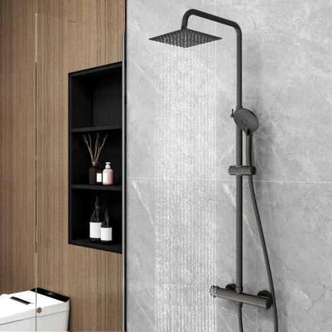 Colonna doccia con miscelatore termostatico, OCEAN Rubinetto termostatico tondo 280x40mm con Soffione Quadrato 20x20cm e Doccetta a 3 getti, Nero