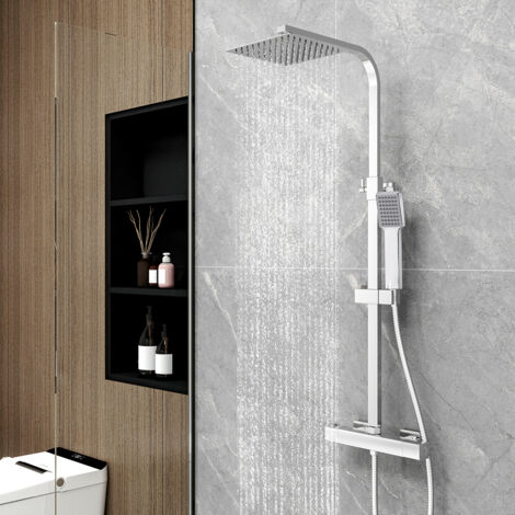 Colonna doccia con miscelatore termostatico, OCEAN Rubinetto Quadrato 280x40mm con Soffione Quadrato 20x20cm, Saliscendi Doccia Quadrato in Acciaio Inox Cromato