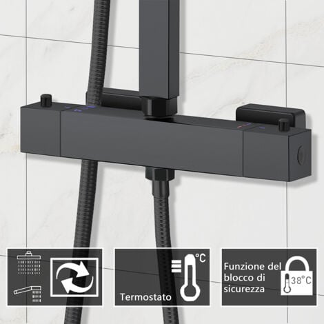 OCEAN ITALY Colonne Doccia Termostatiche Nero, Colonna Doccia con Miscelatore Termostatico Altezza Regolabile 73-115cm
