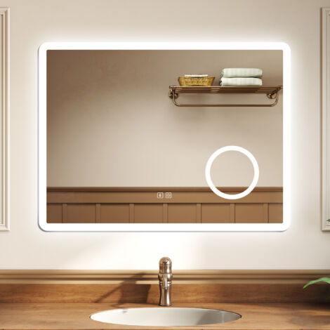 OCEAN Specchio da bagno con LED,Specchio illuminato da bagno,lente d'ingrandimento, Bluetooth, 3 colori, Dimmerabile, Antifog, IP44 Vetro Temperato HD, Funzione Memoria, Orizzontale/Verticale