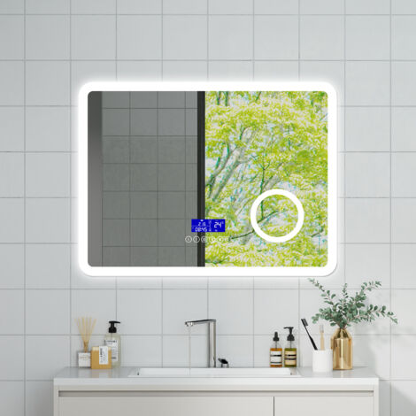 OCEAN Specchio da bagno con LED 80x60cm,Bluetooth,Lente d'ingrandimento,Orologio,3 colori,Dimmerabile, Antiappannamento,Memoria,IP44, Vetro HD,Doppio interruttore,Orizzontale/Verticale