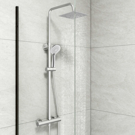 Colonna Doccia A Ponte Con Soffione Quadrato 20x20cm, miscelatore termostatico doccia con doccetta rotonda 23x10.8cm, supporti a muro regolabili