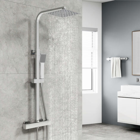 OCEAN Colonna Doccia Termostatica Sistema Doccia Cromato Elegante Set Doccia con Miscelatore Termostatico per Bagno Soffione Doccia a Pioggia Quadrato