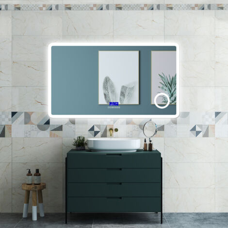 OCEAN Specchio da bagno  140 x 80 cm,  dimmerabile, Blue tooth,  Funzione Memoria, antiappannamento, 3 colori, Magnificatore,  orologio