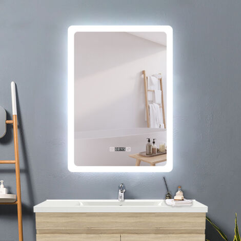 OCEAN Specchio da bagno 50x70cm con LED,3 colori,Dimmerabile,Orologio, Antiappannamento,Memoria,IP44, Vetro HD