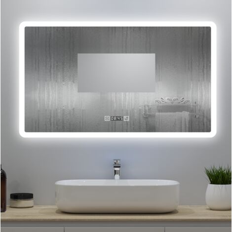 OCEAN Specchio da bagno 70x50cm con LED,3 colori,Dimmerabile,Orologio, Antiappannamento,Memoria,IP44, Vetro HD