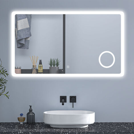 OCEAN Specchio da bagno 120x70cm con LED,Lente d'ingrandimento,3 colori,Dimmerabile, Antiappannamento,Memoria,IP44, Vetro HD