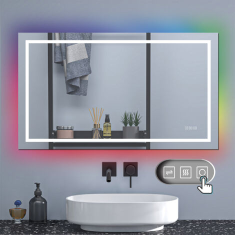 OCEAN Specchio da bagno 120x70cm con LED,RGB illuminazione,Dimmerabile, Antiappannamento,Memoria,IP44, Vetro HD