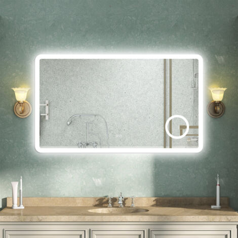 OCEAN Specchio da bagno 120x70cm con LED,Bluetooth,Lente d'ingrandimento,3 colori,Dimmerabile, Antiappannamento,Memoria,con presa rasoio,IP44, Vetro HD