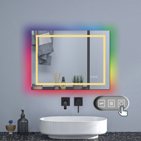 OCEAN Specchio da bagno 70x50cm con LED,RGB illuminazione,Dimmerabile, Antiappannamento,Memoria,IP44, Vetro HD