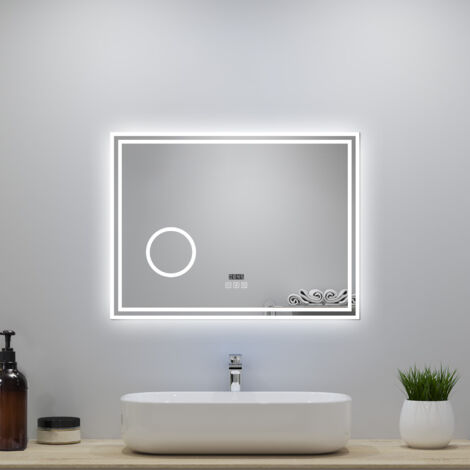 OCEAN Specchio da bagno 160x80cm con LED,Lente d'ingrandimento,3 colori,Dimmerabile,Orologio, Antiappannamento,Memoria,IP44, Vetro HD
