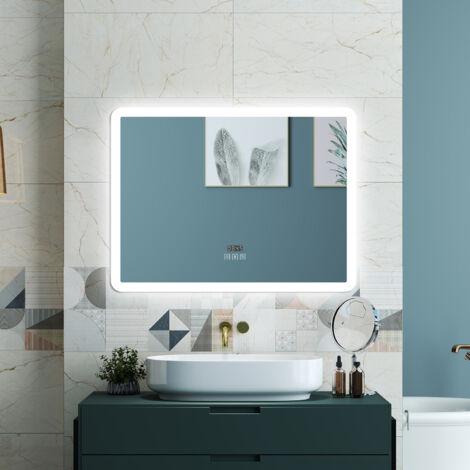 OCEAN Specchio da bagno 100x60cm con LED,Bluetooth,3 colori,Dimmerabile,Orologio, Antiappannamento,Memoria,IP44, Vetro HD