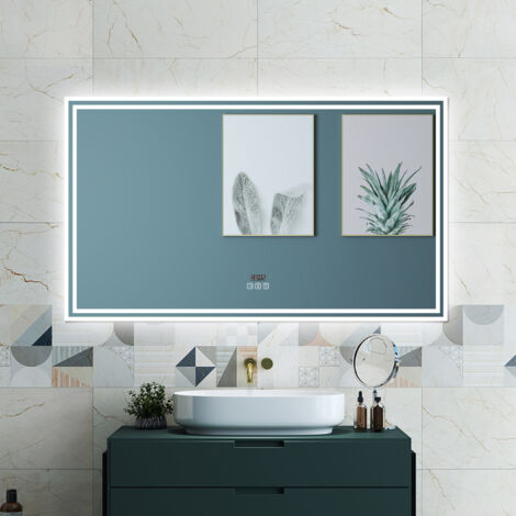 OCEAN Specchio da bagno 100x60cm con LED,Bluetooth,3 colori,Dimmerabile,Orologio, Antiappannamento,Memoria,IP44, Vetro HD
