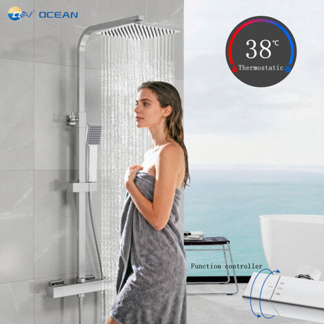 Kit doccia con grande soffione 25x25cm, doccetta e miscelatore termostatico quadrati, colonna doccia regolabile 73-118cm, cromato