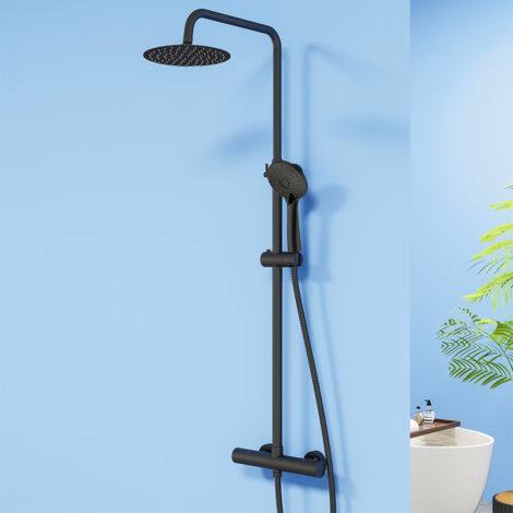 Miscelatore termostatico doccia con soffione doccia da 20 cm, rotondo set sistema doccia in acciaio inox con doccetta a 3 funzioni, nero