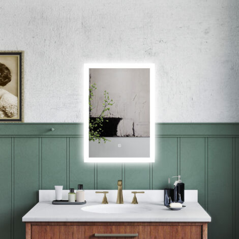 OCEAN Specchio da bagno con LED 60x50cm,3 colori,Dimmerabile, Antiappannamento,Memoria,IP44, Vetro HD,Doppio interruttore,Orizzontale/Verticale