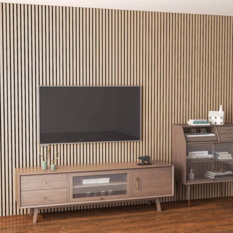 Set di 2 Pannello decorativo  in legno MDF,L260xL30cm SP21mm, Pannelli fonoassorbenti scansionati in 3D con finitura effetto legno rovere scuro