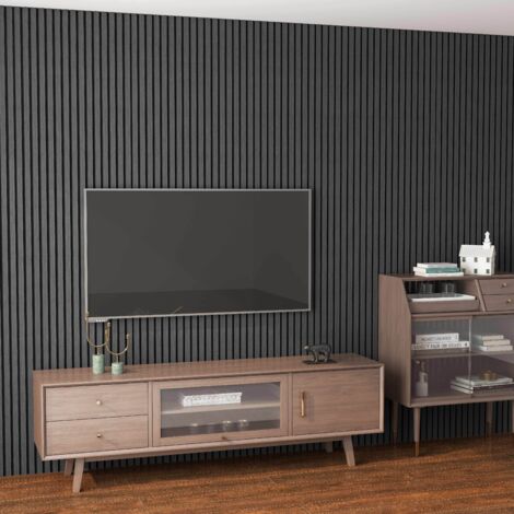 Set di 3 Pannello decorativo in legno MDF,L260xL30cm SP21mm, Pannelli fonoassorbenti scansionati in 3D con finitura effetto legno Rovere grigio