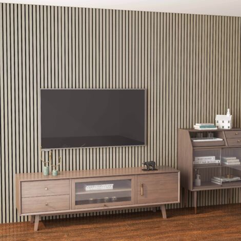 Set di 2 Pannello decorativo  in legno MDF,L260xL30cm SP21mm, Pannelli fonoassorbenti scansionati in 3D con finitura effetto legno rovere chiaro