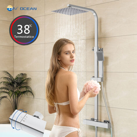 Soffione doccia quadrato 25x25cm in acciaio inox, colonne doccia con miscelatore termostatico, saliscendi regolabile 73-115cm, cromato lucido