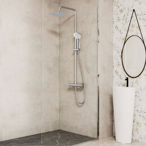 Soffione doccia quadrato 20x20cm in acciaio inox, colonne doccia con miscelatore termostatico cilindro, doccetta a 3 getti, cromato lucido