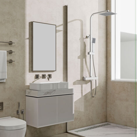 Soffione doccia quadrato 20x20cm in acciaio inox, colonne doccia con miscelatore termostatico, saliscendi regolabile 73-115cm, cromato lucido