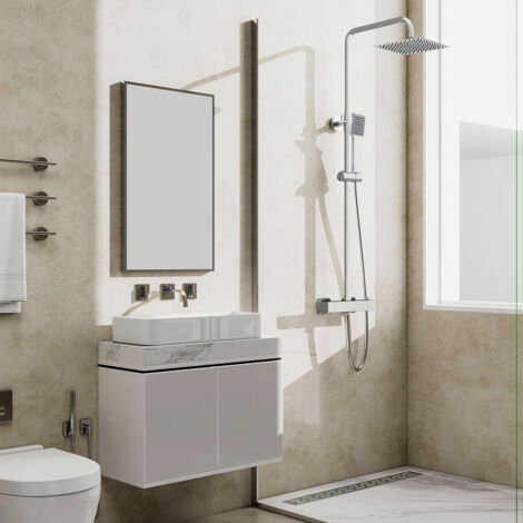 Soffione doccia quadrato 20x20cm in acciaio inox, colonne doccia con miscelatore termostatico, saliscendi regolabile 75-125cm, cromato lucido