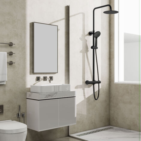 Soffione doccia rotondo da 20cm in acciaio inox, colonne doccia con miscelatore termostatico, saliscendi regolabile 75-125cm, nero opaco