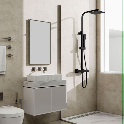 Soffione doccia quadrato 20x20cm in acciaio inox, colonne doccia con miscelatore termostatico, saliscendi regolabile 73-115cm, nero opaco