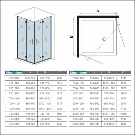 Box Doccia Angolare Due Porte Battente alte 185 cm Pieghevoli a Libro in Vetro Temperato 6 mm Anticalcare 100x80 cm