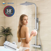 Soffione doccia quadrato 25x25cm in acciaio inox, colonne doccia con miscelatore termostatico, saliscendi regolabile 73-115cm, cromato lucido