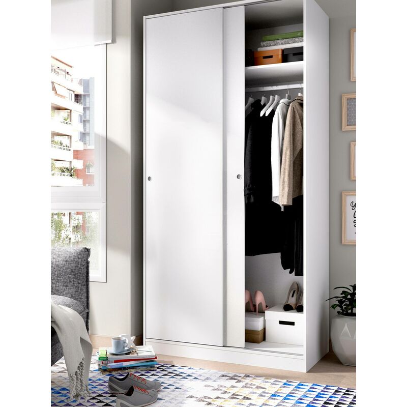 Armario Nuptse, Perchero para dormitorio, Armario con 2 puertas correderas,  150x65h204 cm, Blanco