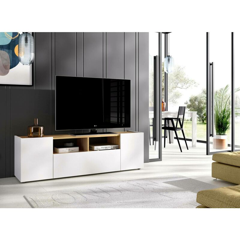 Mueble TV Dadl, Aparador bajo para salón, Aparador salón para televisión,  204x42h48 cm, Roble y Blanco