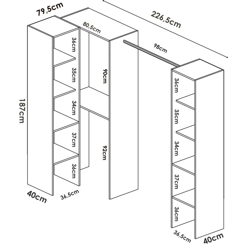 Armario Quadro, Estructura para vestidor de esquina, Perchero de esquina  abierto, 228x79h187 cm, Blanco