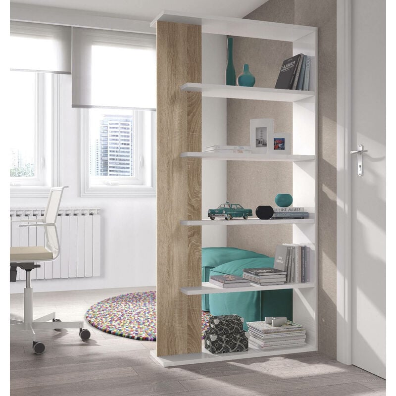 Dmora Librería con cinco estantes, color blanco artik con detalle color  roble, Medidas 90 x 180 x 25 cm, con embalaje reforzado