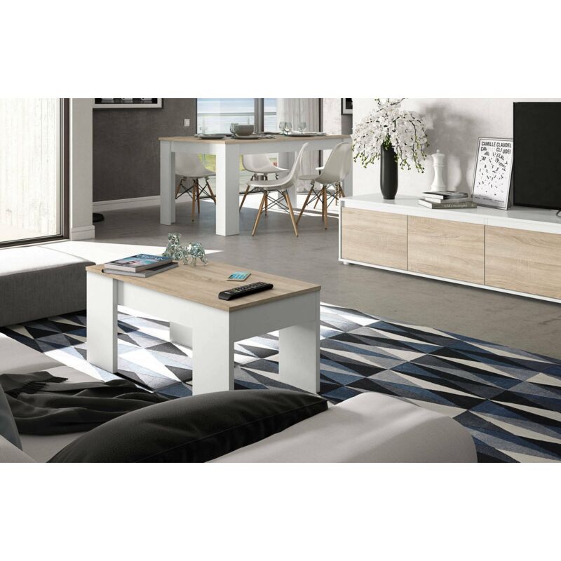 Mesa De Centro Dmora Con Elevador – Blanco Y Roble 100x50 Cm | Espacio De Almacenamiento Y Diseño Moderno