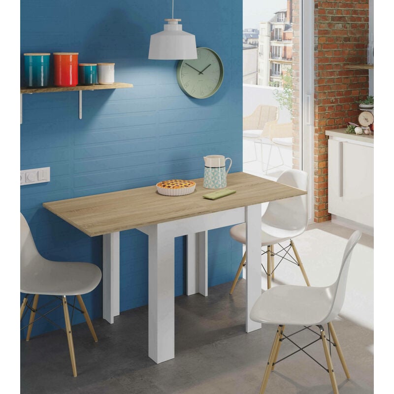 Dmora Mesa de comedor plegable con tapa abatible, mesa auxiliar resellable, 67x67/135h79 cm, color Blanco y Roble